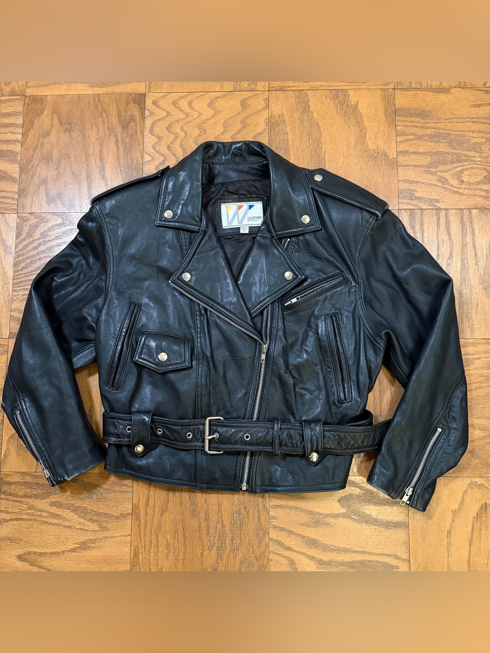 Vintage Wilsons Leather Jacket Womens Small Black Cropped Biker Moto Belted 90s